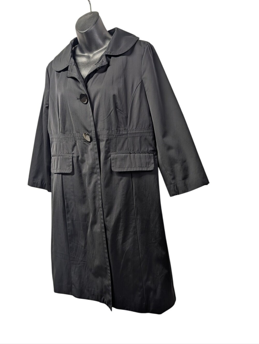 Nine West Womens Black Trench Coat Sz L Button Front Lined 3/4 Sleeve Pockets - Picture 3 of 7